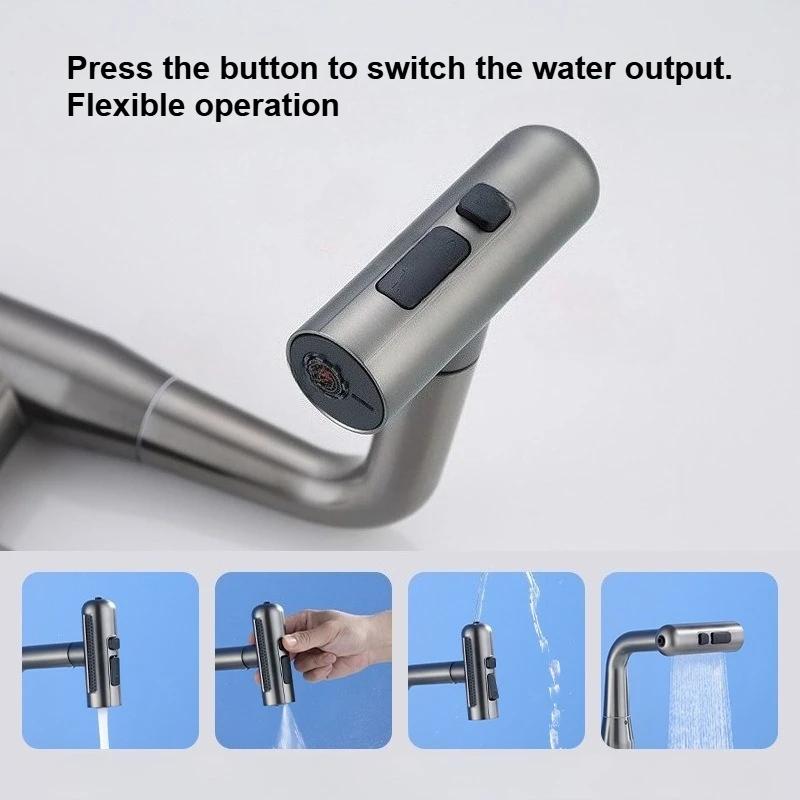 4 Modes Waterfall Bathroom Faucets Stainless Steel Washbasin Faucet Hot and Cold Pull-out Mixer Tap Hand-washing Basin Faucet