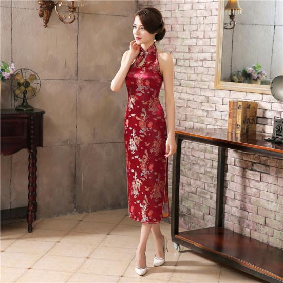 Women Summer Cheongsam Stand Collar Printing Off Shoulder Backless Split Hem Hollow Out Sleeveless Qipao Slim Fit Retro