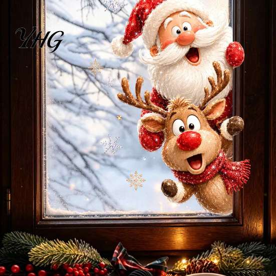 Transparent Decorative Stickers Christmas Static Window Clings, Removable Glass Decals, Snowman Santa Reindeer Nutcracker Film with Snowflakes,