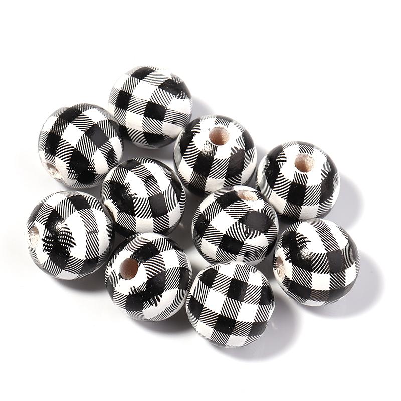 20Pcs 16mm Natural Wooden Beads Color Checkered Pattern Loose Spacer Round Wood Beads For DIY Handmade Bracelets Toy Accessories
