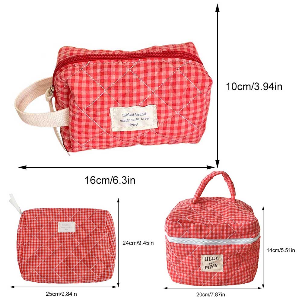Women Checkered Makeup Bag Fashion Sweet Cotton Makeup Brushes Storage Bag Soft Fabric Organizer Pouch Cute Travel Toiletry Bag