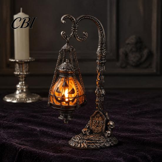 Spooky Shelf Decoration Gothic Pumpkin Stand Lantern with Warm Light, Decorative Resin Desktop Atmosphere Night Light Lamp, Healing for Home