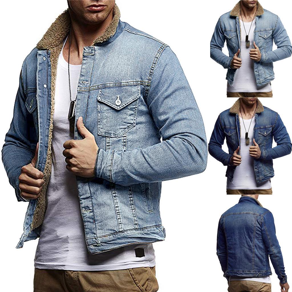 Men's  Winter Button Solid Plush Vintage Denim Jacket Tops Blouse Coat