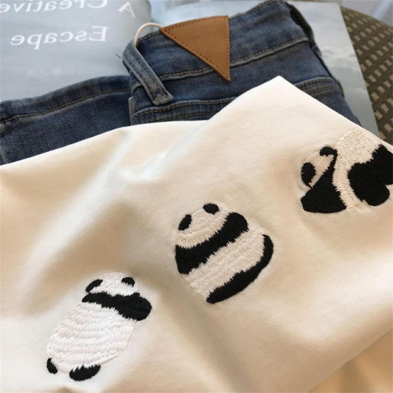 Women's Short Sleeve T-Shirt Summer Fashion Panda Embroidery Cotton T-Shirt Women's Casual Loose Design Tops Japanese Y2k Kawaii