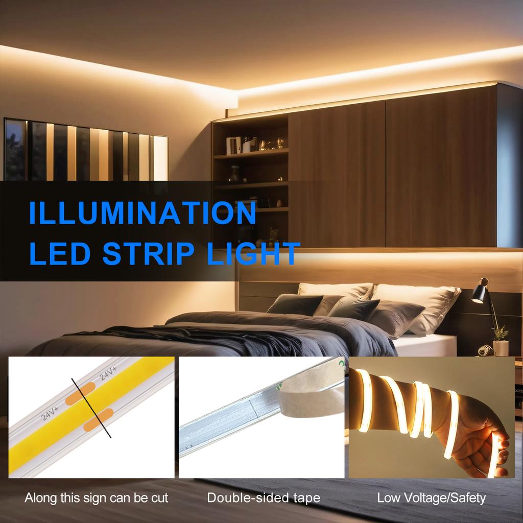 DC 24V 480LEDs/m Solar COB LED Strip Light Outdoor Waterproof Warm Natural White Flexible Adhensive Tape RA90 Linear Lighting