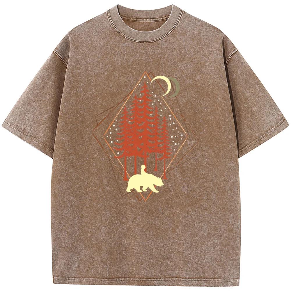 Футболка унисекс с геометрическим рисунком в виде животных из лесной ткани, новинка, летняя отбеленная футболка из хлопка, забавная повседневная свободная отбеленная футболка