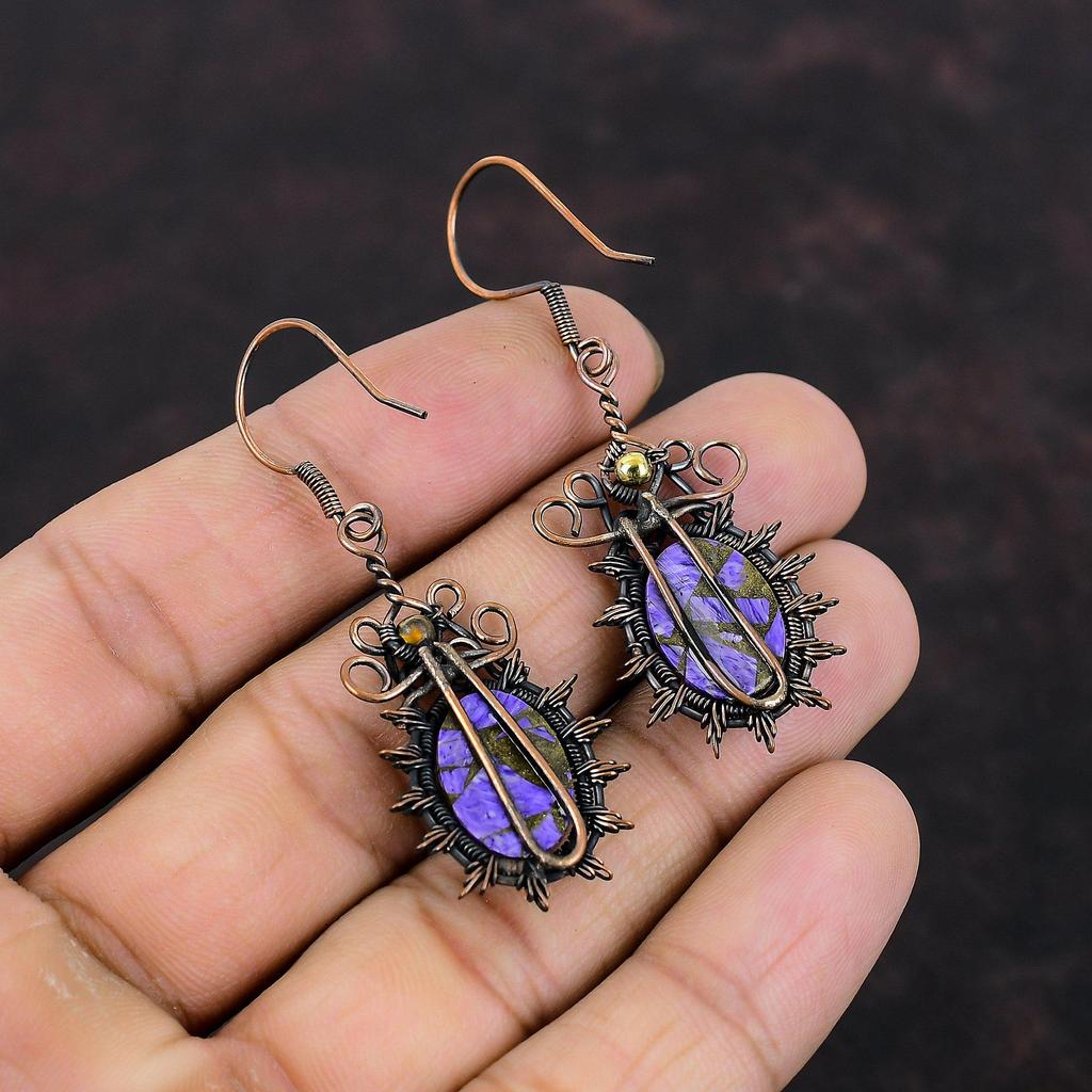 Серьги из медного чароита, серьги с драгоценными камнями, обернутые медной проволокой, красивые медные украшения, серьги ручной работы, обернутые проволокой, подарок для матери