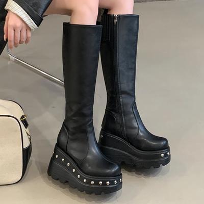 Женские ботфорты до колена из мягкой кожи на платформе с круглым носком, длинные туфли, женские мотоботы на высоком каблуке, элегантные женские ботинки
