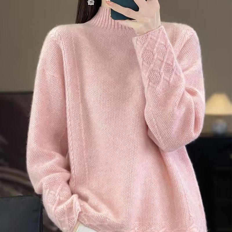 Women's 100% Wool Cable Knit Sweater, Half-High Neck, Loose Fit, Thick for Autumn/Winter