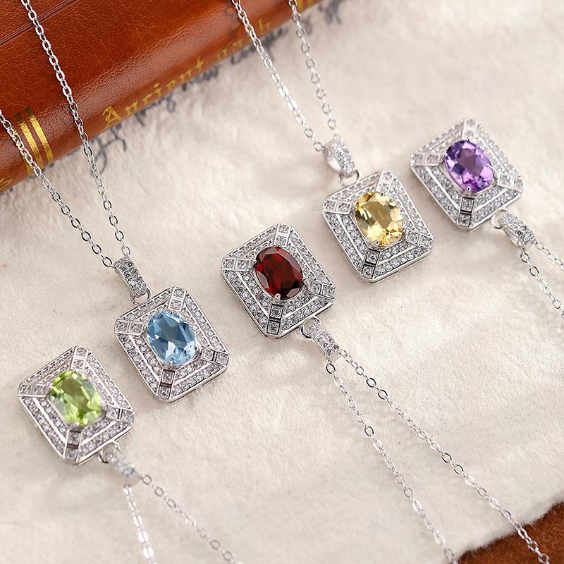 S925 sterling silver inlaid natural topaz citrine garnet colored gemstone necklace women's perfume bottle luxury pendant gift