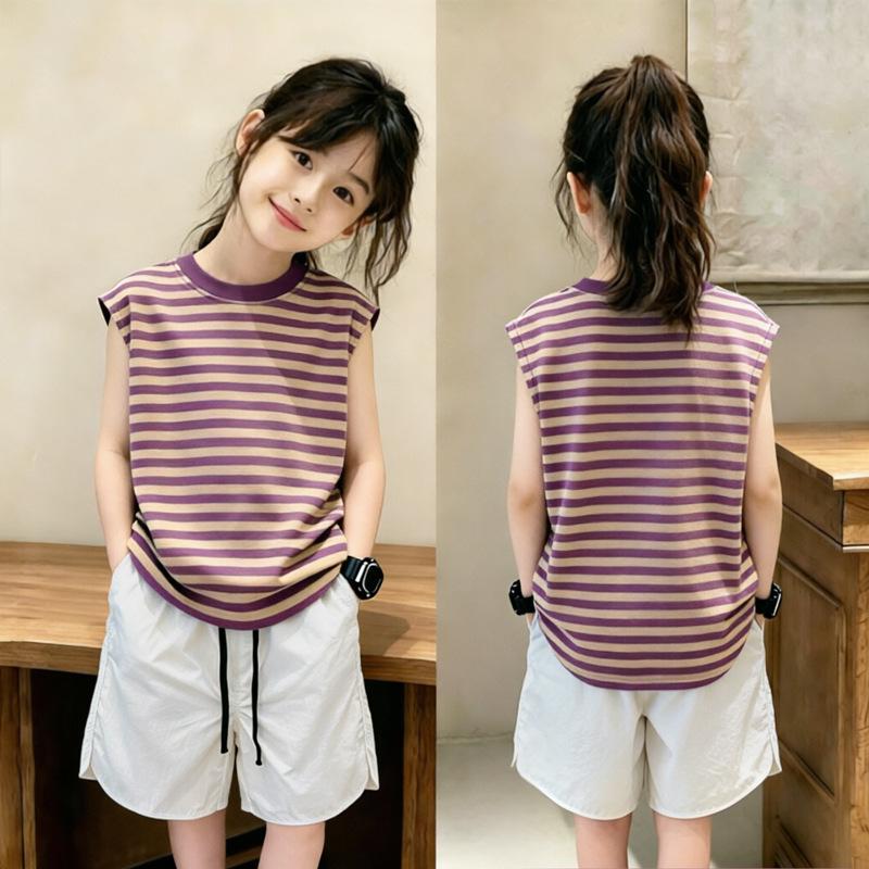 Летний набор для девочек 2026 года: Пэчворк-жилет в полоску: Модный двухпредметный комплект без рукавов для детей среднего и старшего возраста
