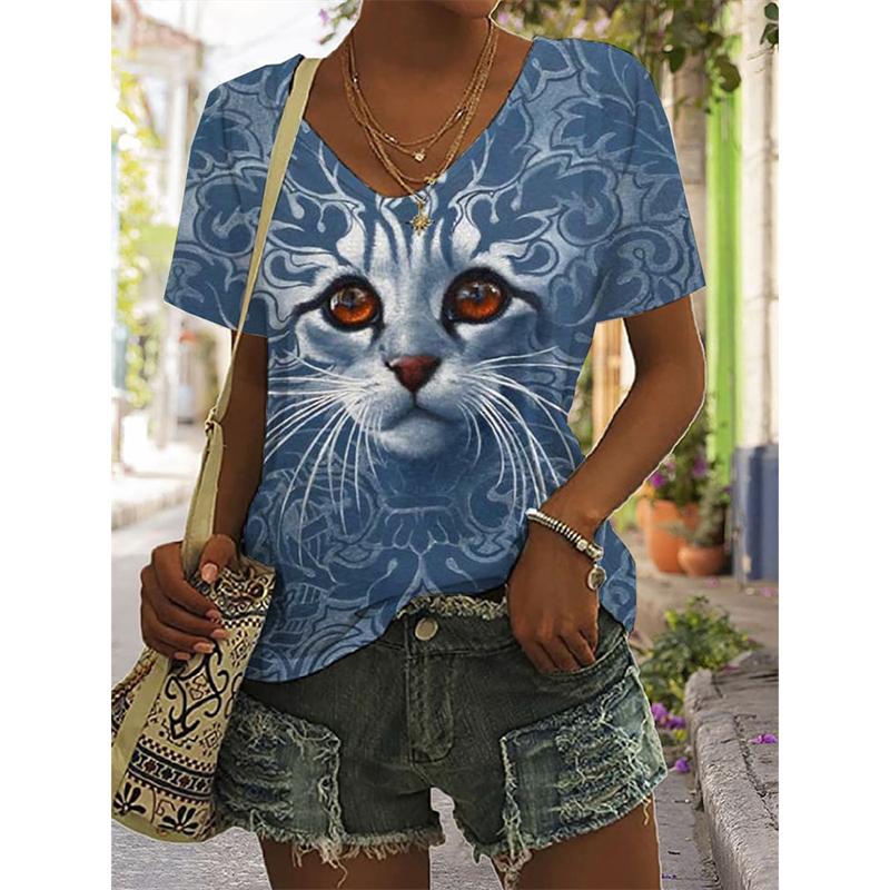 Женские футболки с принтом 3D Cat, эстетичные топы, футболки с коротким рукавом и V-образным вырезом, женская одежда, свободные модные повседневные черные футболки