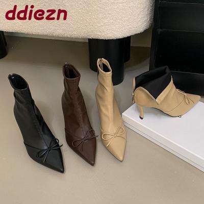 Мода Мода Туфли на щиколотке с каблуками и бантом-бабочкой для современных женщин Обувь с острым носком Женские короткие ботинки Молнии Обувь Женские туфли-лодочки