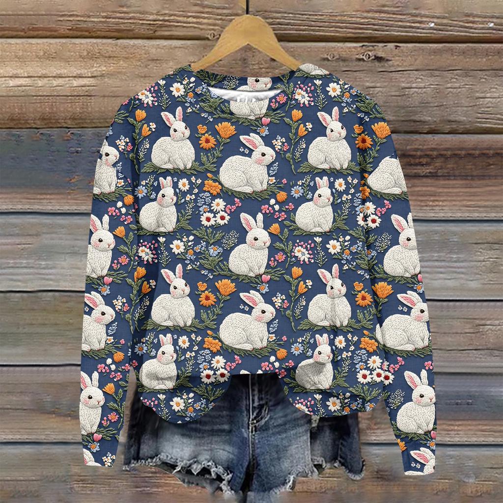 Женская мода Пасха Печатный Длинный рукав Свободный круглый вырез Толстовка Топ