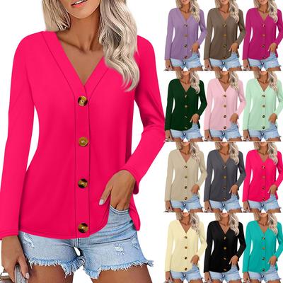 Женская мода Повседневная однотонная рубашка на пуговицах Топы с длинным рукавом