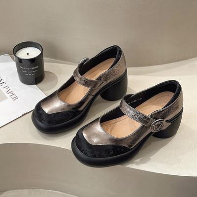 Модные женские туфли Мэри Джейн на массивном каблуке, весенняя новинка, круглый носок, мелкий вырез, комбинированная толстая подошва, нескользящий высокий каблук