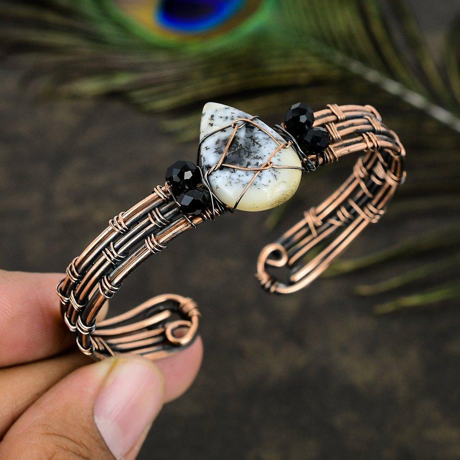 Браслет-манжета из натурального дендрита и опала ручной работы из медной проволоки, регулируемый T3m32