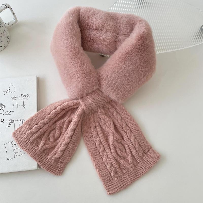 Knitted Scarf Women's Autumn and Winter Versatile Wool Plush Imitation Rex Rabbit Hair Cross Scarf Solid Color Thickened Neck Protector Fur Collar
