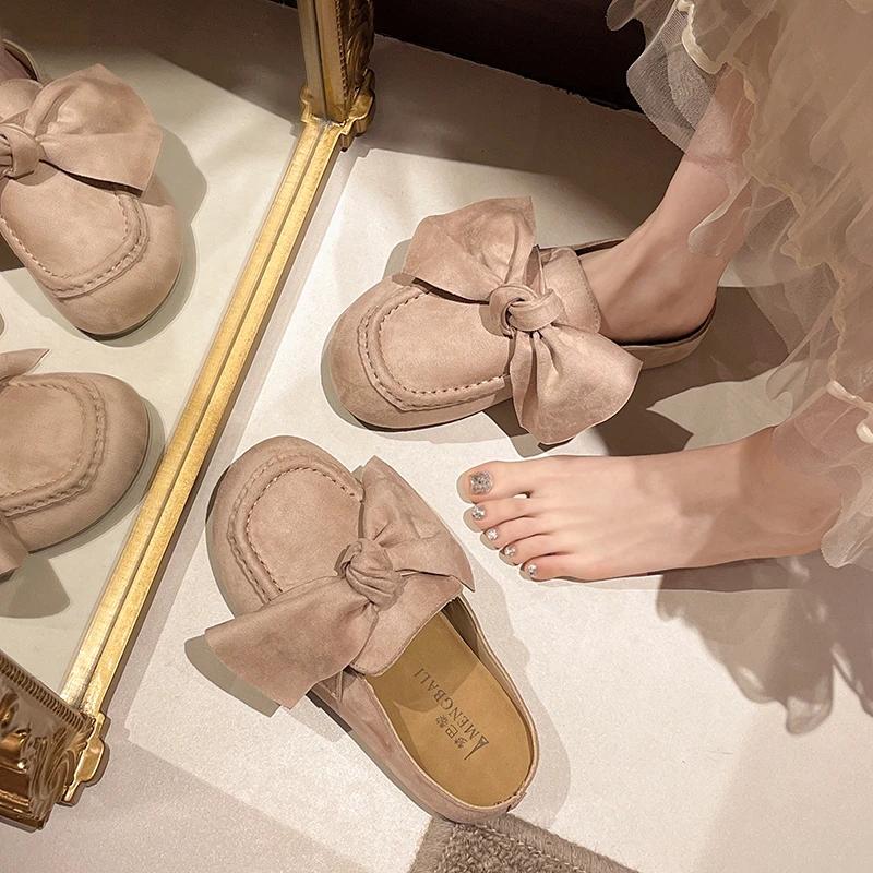 Retro Women's Slippers Bow Flat Sole Round Toe Cow Suede Women's Mules Dress Leisure Comfortable Inner Roman Zapatillas De Mujer