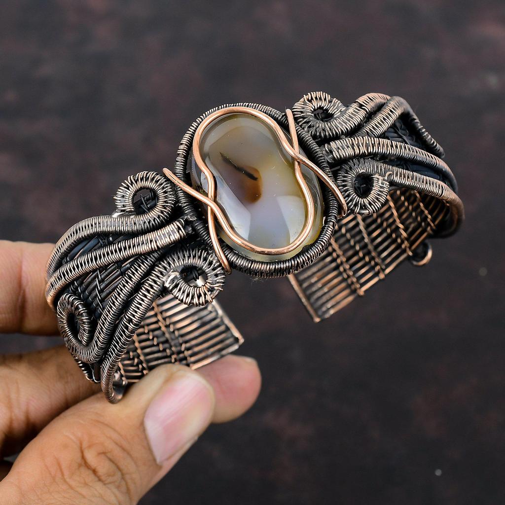 Браслет-манжета с агатом Монтана, браслет из медной проволоки, регулируемый браслет-манжета, медные украшения ручной работы, браслет из натурального драгоценного камня, подарок для мамы
