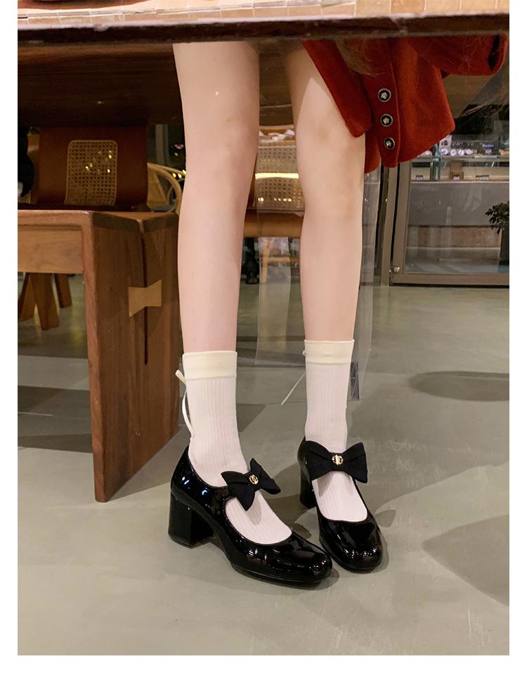 Sheepskin Version Xiaoxiangfeng Bow Shoes Leather Thick Heel Single Shoes Women's One-word Strap High Heels Medium Heel Mary Jane Shoes