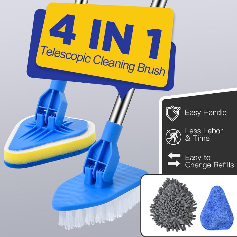 4 in 1 Tub Tile Scrubber Brush Cleaning Brush Adjustable Telescopic Pole With Scouring Pads for Cleaning
