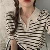 Women's Knitted Ice Silk Striped V-Neck Short Sleeve T-Shirt, Hong Kong Style, Summer 2025 Korean Fashion
