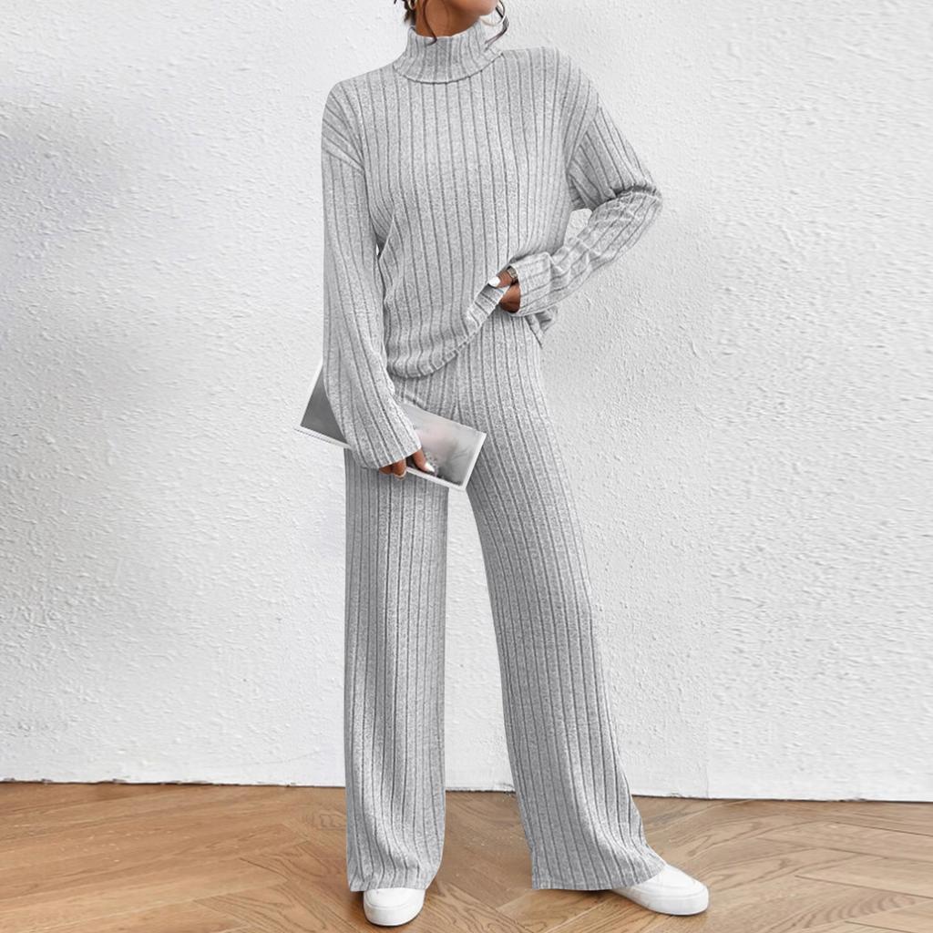 Женский модный однотонный топ с высоким воротником и длинным рукавом, повседневные брюки с эластичной талией, комплект из двух предметов