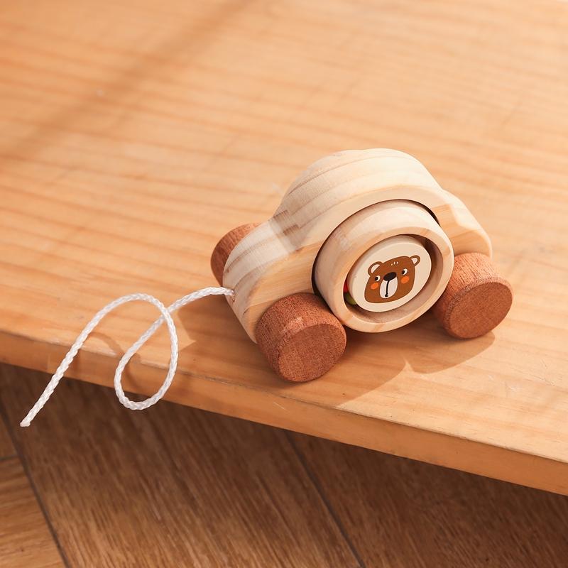 Деревянная игрушка-тележка для малышей, игра Монтессори для развития мелкой моторики пальцев, тележка из сосны с мультяшным мишкой, не содержит БФА, украшение детской комнаты, подарок для ребенка