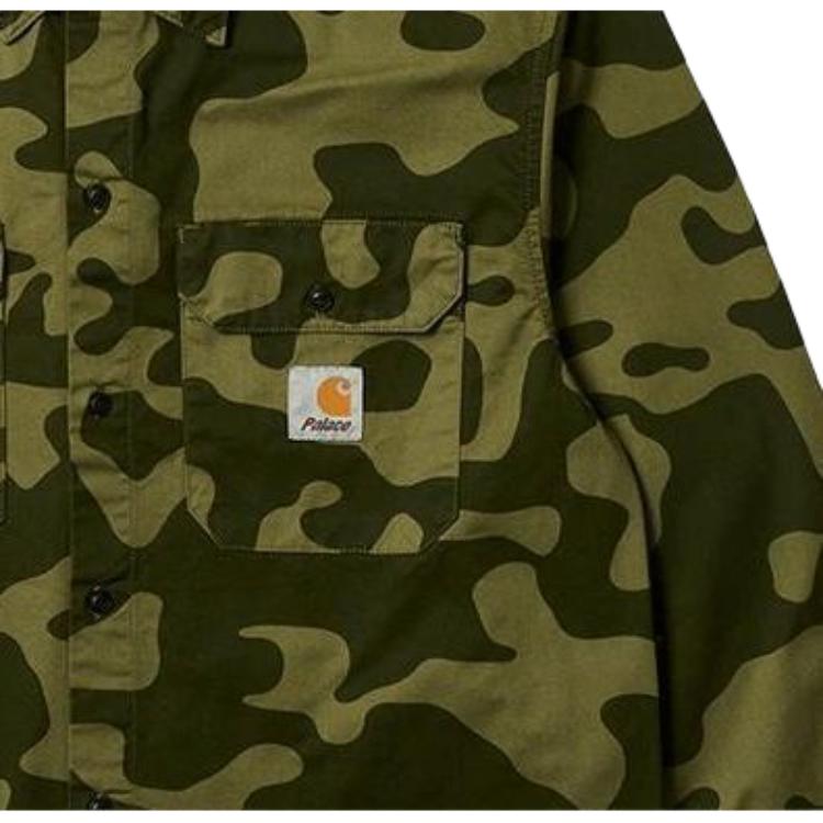 Palace X Carhartt WIP FW23 Совместная классическая рубашка с камуфляжным принтом, двойным карманом, логотипом, застежкой на пуговицы, длинным рукавом, унисекс, топы зеленого цвета I032716-GREEN