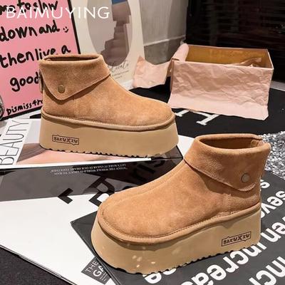 Замшевые женские зимние ботильоны на платформе, дизайнерские короткие плюшевые туфли на среднем каблуке, новый бренд 2025 года, теплые, удобные, зимние ботинки для женщин