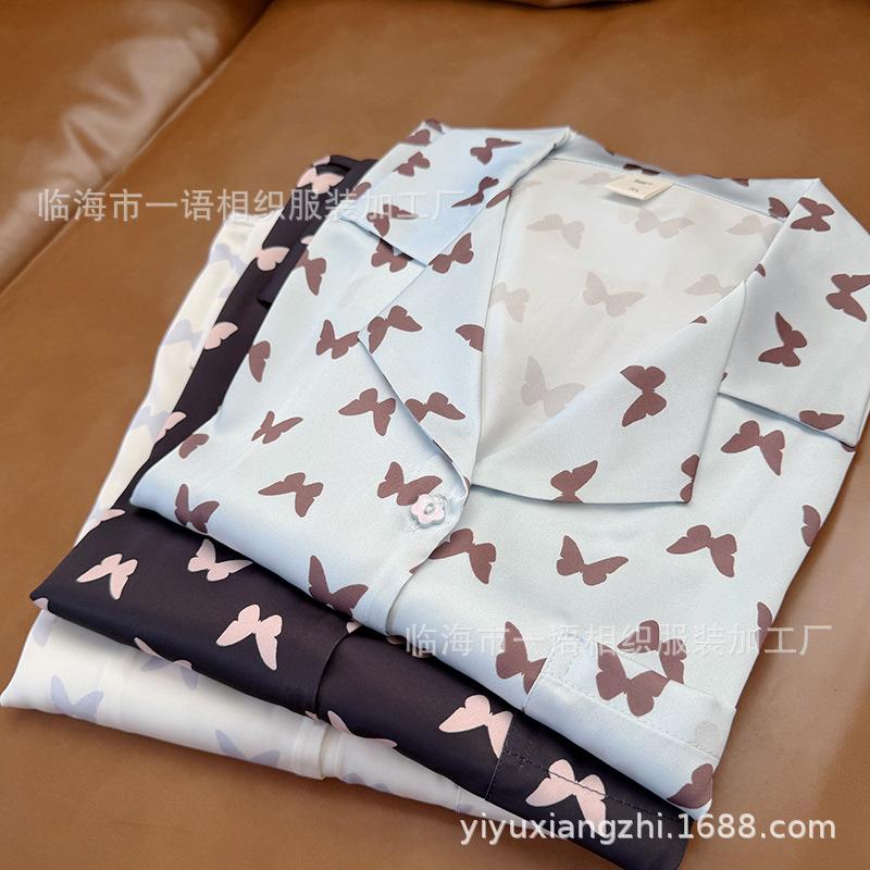 1011 autumn new three-color butterfly ice silk pajamas Internet celebrity explosion ultra-thin lapel women's loungewear
