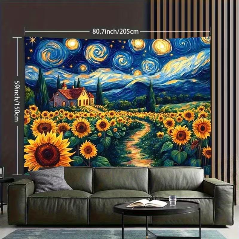 2D Van Gogh Inspired Starry Sky Sunflower Tapestry for Boho & Artistic Home Decoration