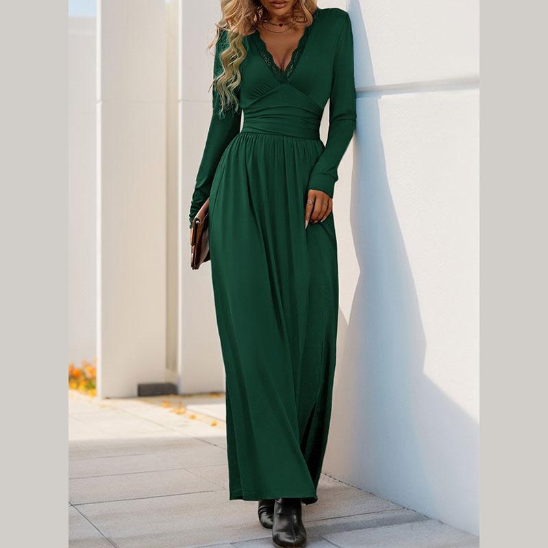 Women Fashion Spring Autumn Long Sleeve Lacework V Neck Solid Color High Split One Piece Dress