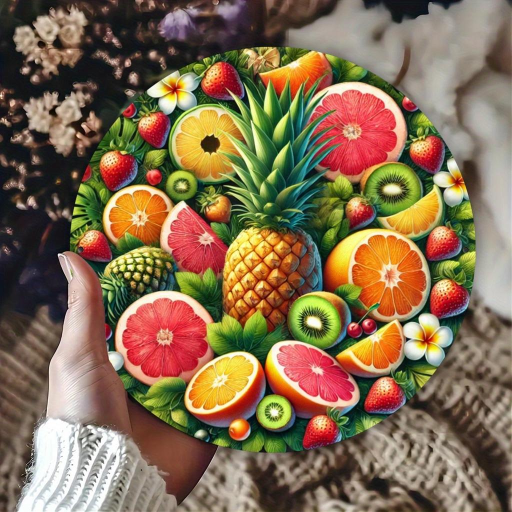 Tropical Fruit Pineapple Orange Kiwi Round Metal Tin Sign D Flat Summer Wall Plaque For Home Decor