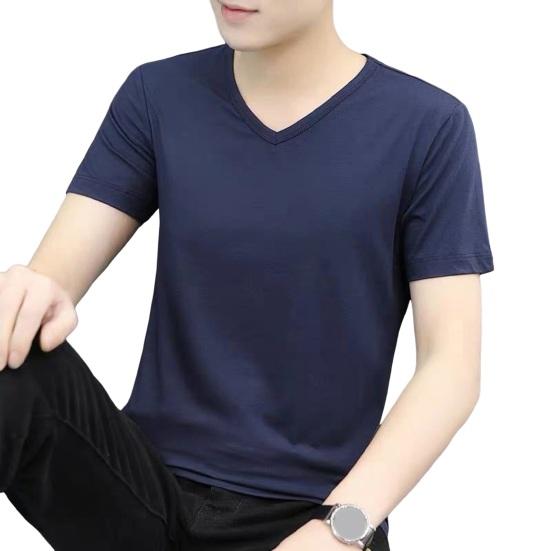 Летняя мужская футболка с V-образным вырезом из ледяного шелка, сплошной цвет, повседневный стиль, с коротким рукавом, приталенный пуловер, повседневная одежда, молодежный спортивный топ для подростков