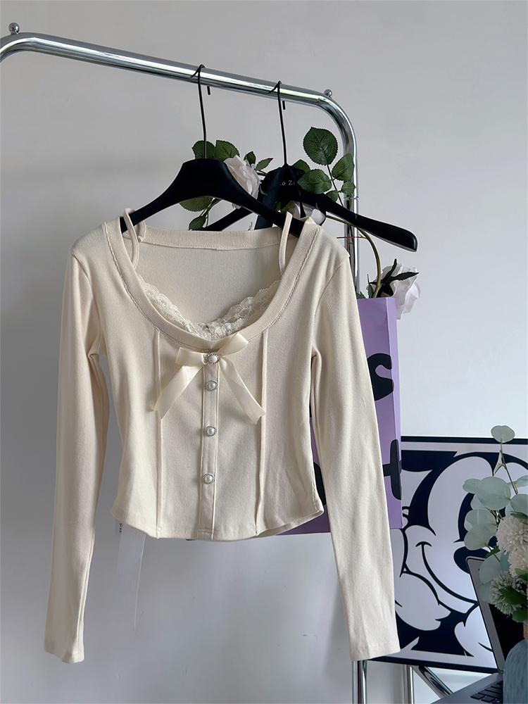 Винтажные футболки из двух предметов для девочек Mori Girl, женские кружевные лоскутные укороченные топы с милым бантом, женский эстетический однотонный пуловер Kawaii, новый
