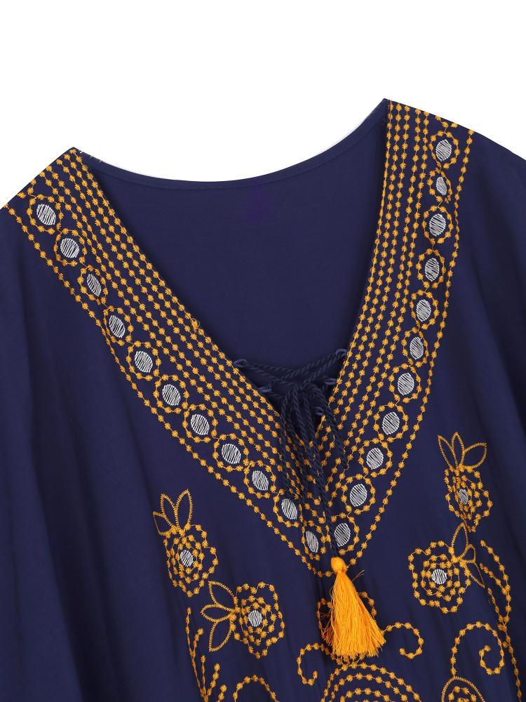 Большой размер кафтан с вышивкой, синий кисточкой, летнее длинное пляжное платье, женская домашняя одежда, купальный костюм, накидка, свободный кафтан