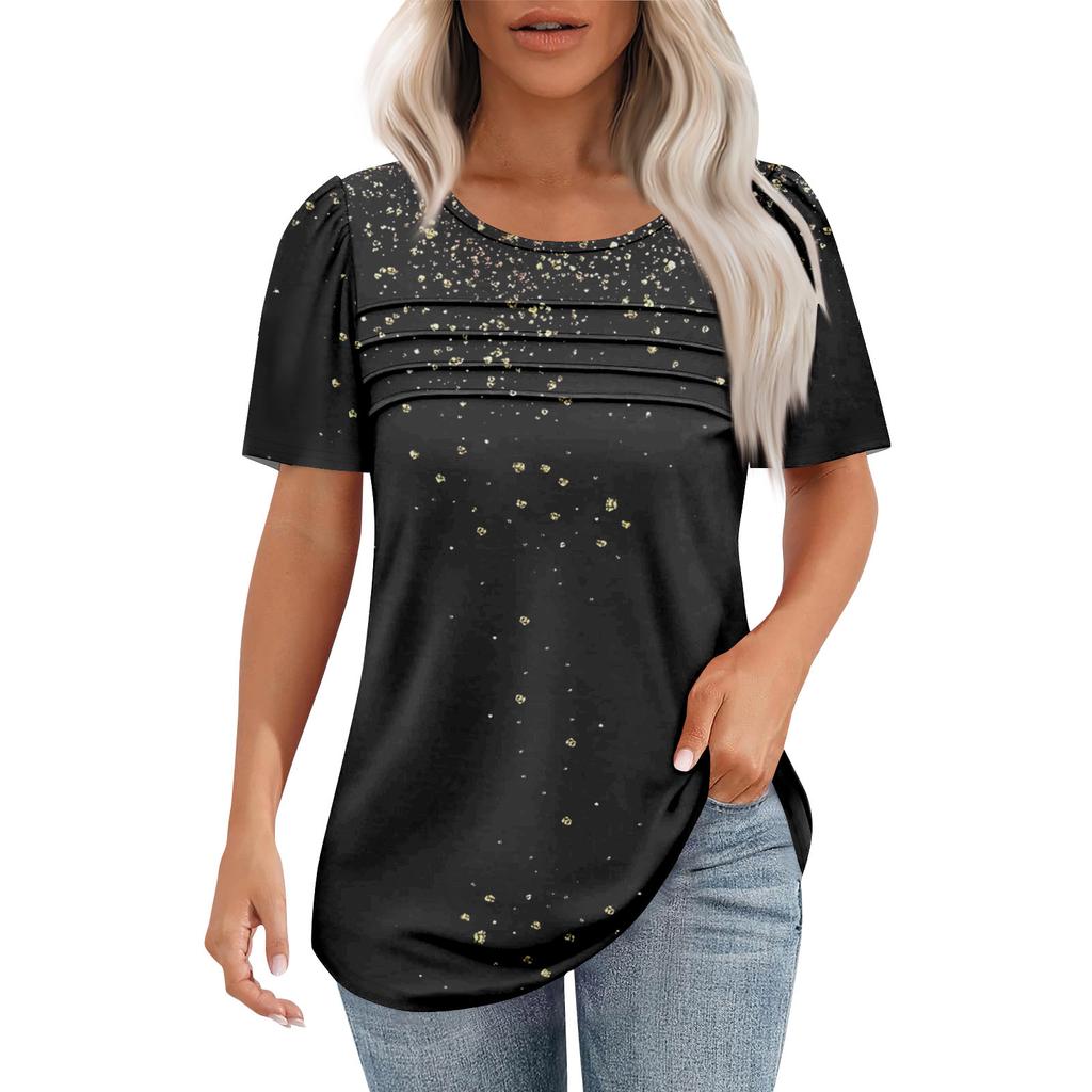 Ladies' Fashionable Printed Round Neck Pleated Short Sleeved Shirt