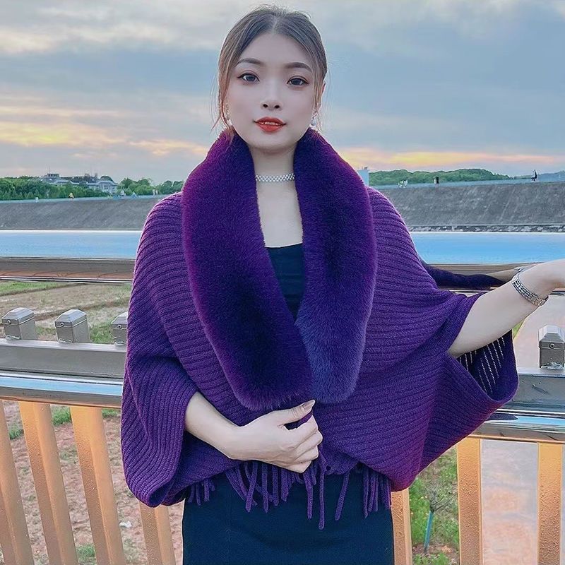 New Fashionable Fur Collar Thickened Warm Shawl Large Size Loose Knitted Cardigan Jacket Female