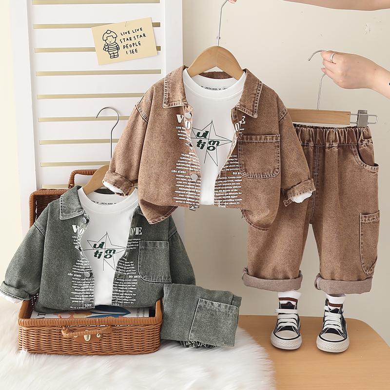 Комплект из 3 предметов с длинным рукавом для мальчиков 0-5 лет, Модный костюм для мальчиков, Детская джинсовая куртка+белая футболка+джинсовые брюки