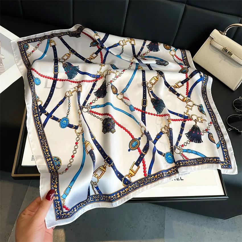 Luxury Design Chain Print Square Silk Scarf Lady Thin Neck Scarves Fashion Summer Sunscreen Headscarf For Women Bandana 70x70cm