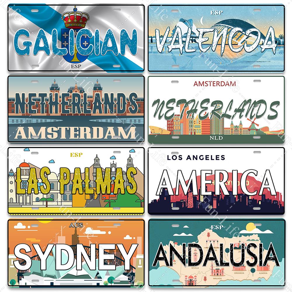 Винтажный плакат с номером автомобиля Испании/СИДНЕЯ Популярный город Бразилия Национальный флаг Ретро жестяные знаки Наклейки для домашнего декора