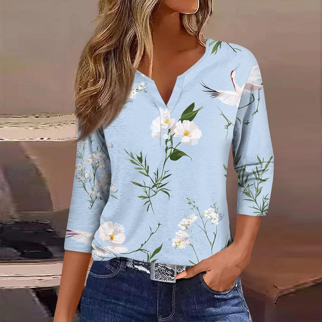 Женская модная повседневная футболка с цветочным принтом, V-образным вырезом, коротким рукавом, декоративными пуговицами и рукавом три четверти