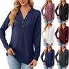Women's Autumn And Winter Solid Color Models Solid Color V-neck T-shirt Buttons Decorated Loose Long-sleeved Tops