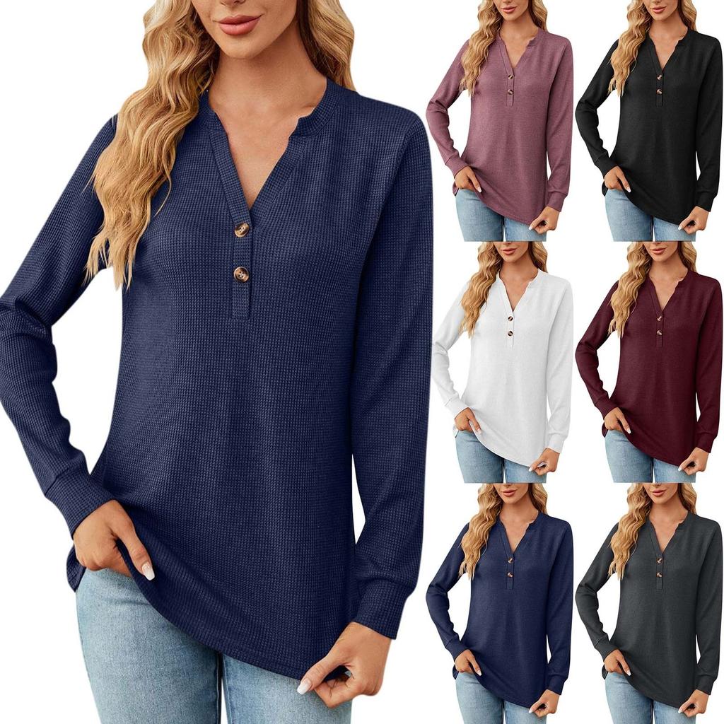 Women's Autumn And Winter Solid Color Models Solid Color V-neck T-shirt Buttons Decorated Loose Long-sleeved Tops