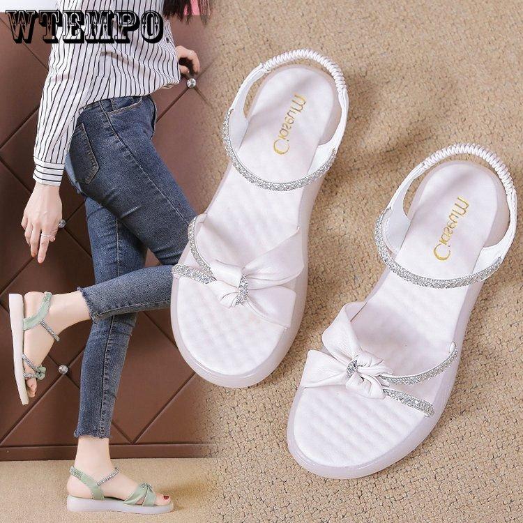 Женские сандалии, новые летние сандалии Fairy Wind с плоской подошвой, простые и универсальные сандалии со стразами наверху, нескользящая пляжная обувь с мягкой подошвой