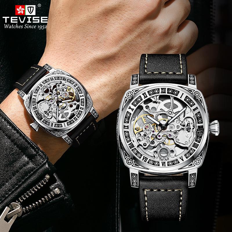 TEVISE Скелетон механические часы мужские винтажные гравированные автоматические механические наручные часы серебряный ремешок из нержавеющей стали