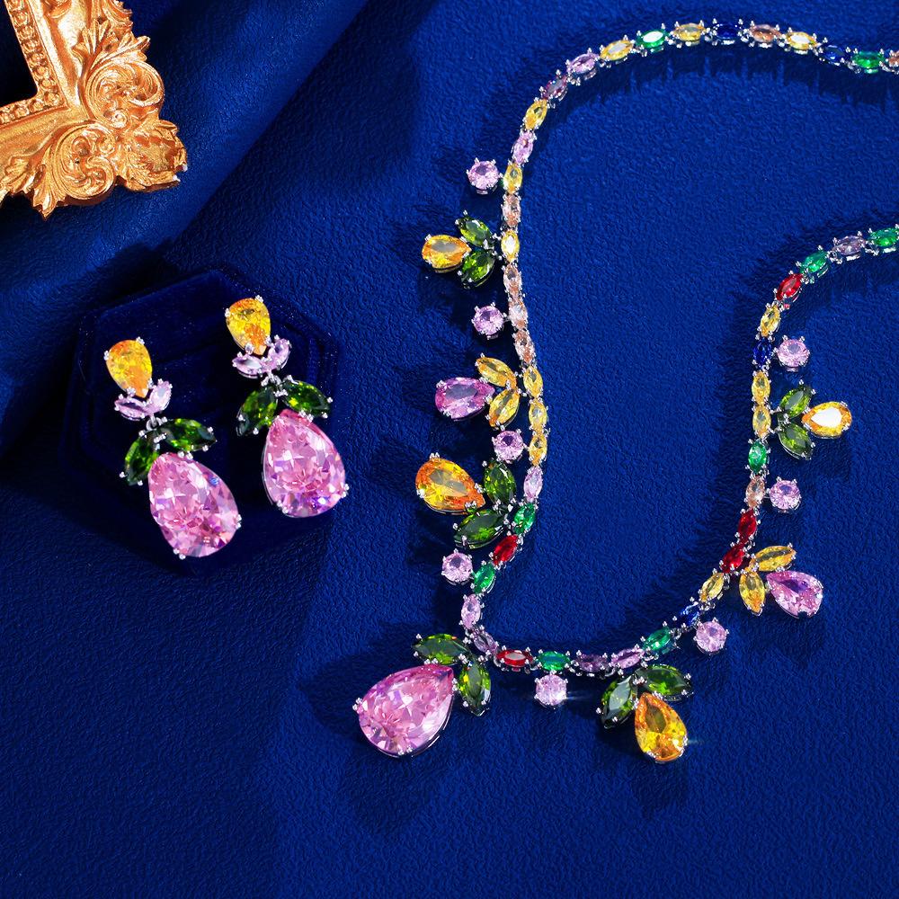 Тяжелая промышленность Радужное ожерелье Серьги Набор Вечернее платье Свадебные аксессуары Цветной циркон Свадебный набор Цепочка