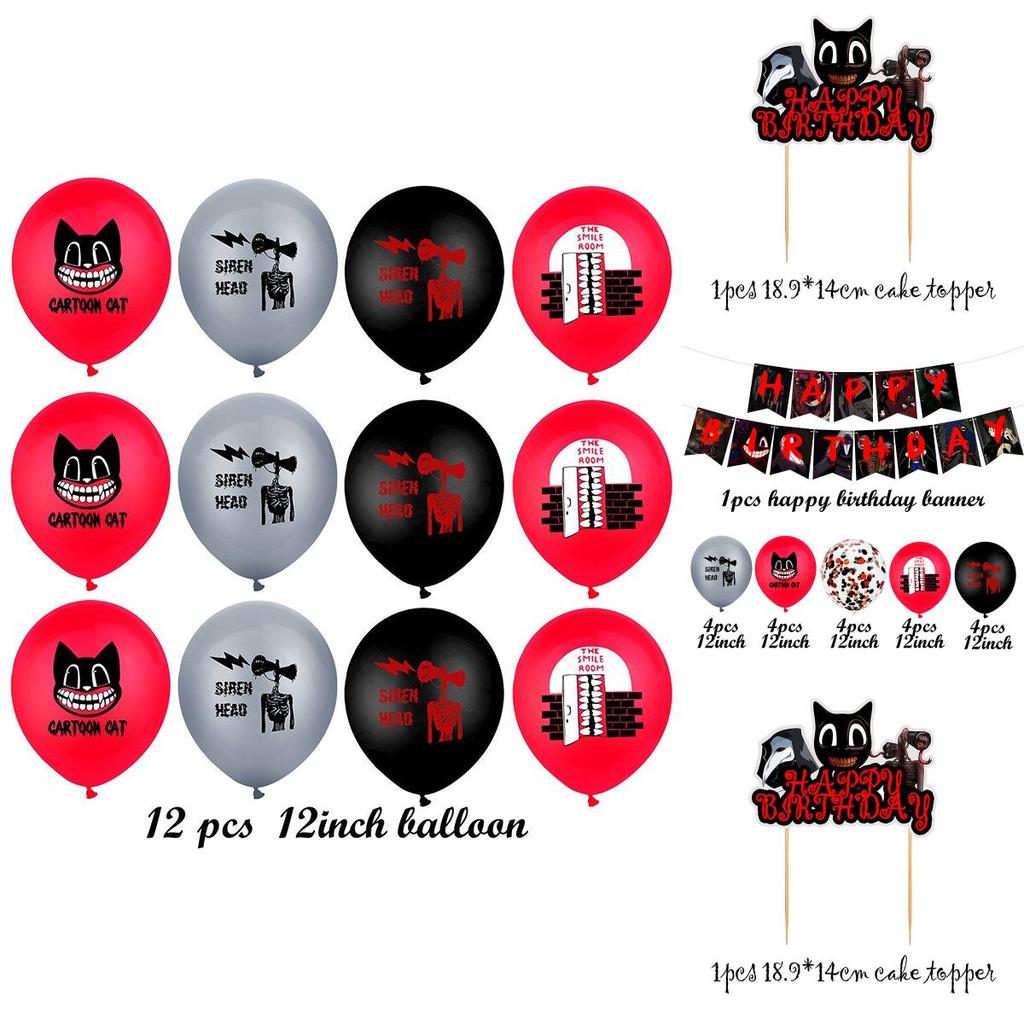 Сиреноголовый Мультяшный Кот Тема Ужасов Баннер из Воздушных Шаров Набор Топперов для Торта на День Рождения
